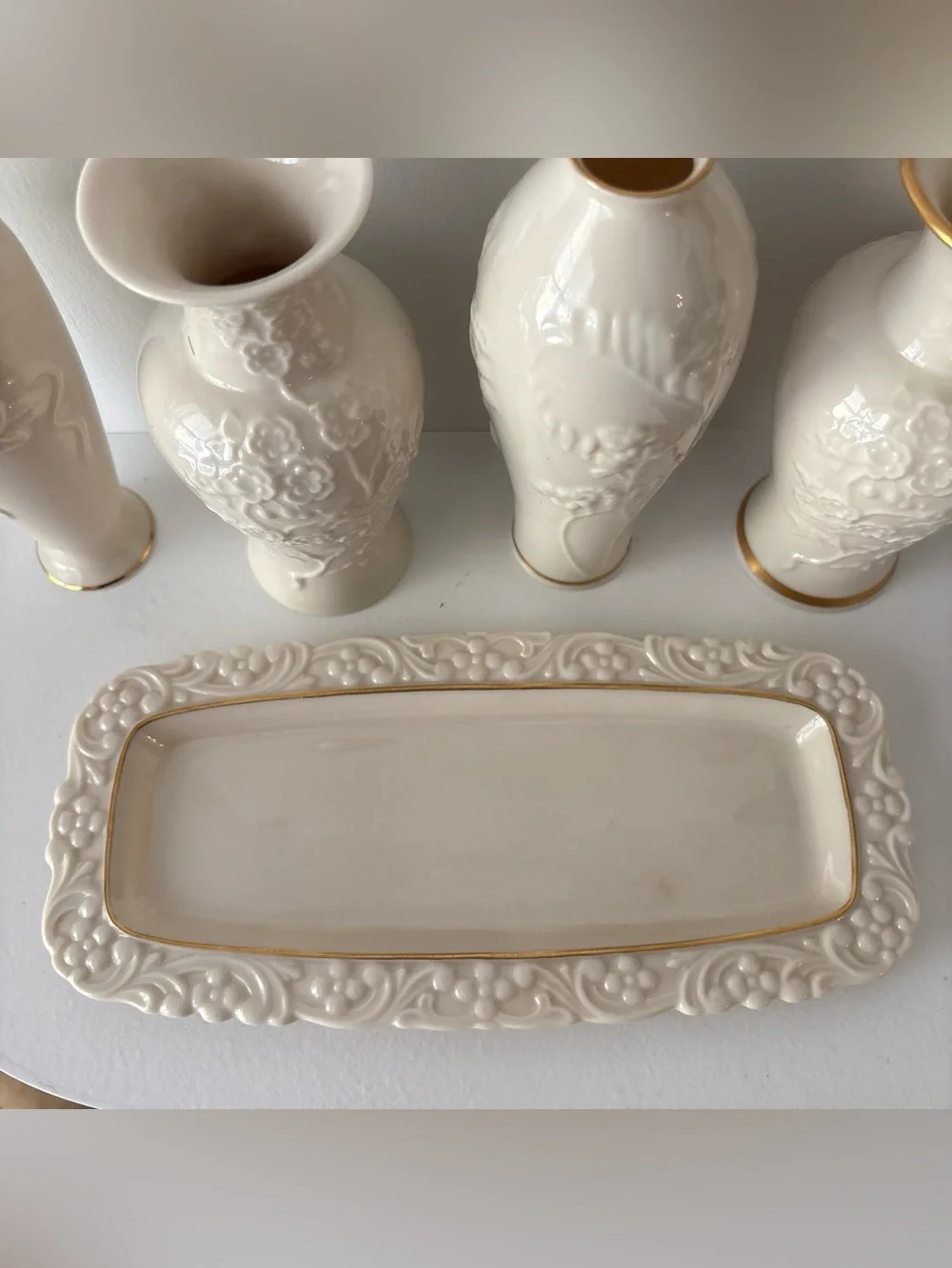 Lenox Cream Ceramic Floral Relief Vase Set with Gold Trim Accent